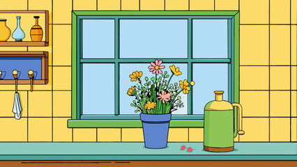 Poster - In the kitchen there is a green vase p on the left side of the windowsill. The vase is filled with a bouquet of wildflowers their delicate petals. Cartoon Vector.