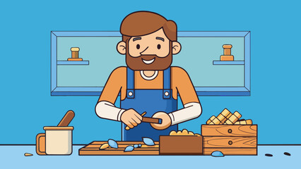Fototapete - In the living room a man in a faded blue denim apron stands at the workbench surrounded by tools and scraps of wood. With a focused expression he. Cartoon Vector.