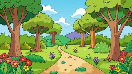 Aufkleber - In the garden there was a hidden path that led within a grove of lush leafy trees. Within wildflowers bloomed in vibrant colors and a small stream. Cartoon Vector.