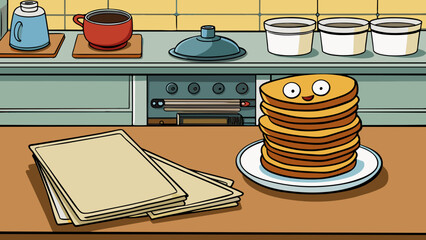 Aufkleber - In the kitchen a stack of wellworn recipe cards and a set of mismatched measuring cups sit by the stove always ready for daddys famous pancakes on. Cartoon Vector.