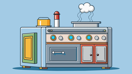 Poster - In the kitchen there was a large metallic appliance that had a rectangular shape and several s and buttons on the front. Steam was billowing out from. Cartoon Vector.
