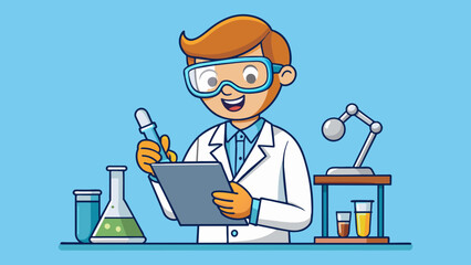 Aufkleber - In the last illustration we see a person working in a laboratory wearing a lab coat and protective goggles. They are carefully handling a test tube. Cartoon Vector.
