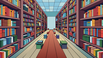 Poster - In the institutions library rows of towering bookshelves stretched from floor to ceiling. The shelves were filled with books of all sizes and colors. Cartoon Vector.