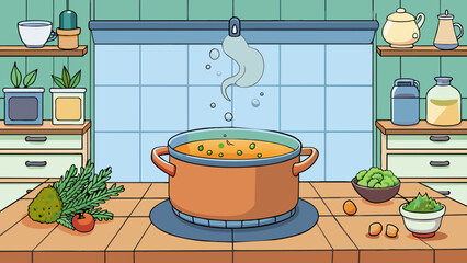Poster - In the kitchen a pot of fragrant soup bubbles on the stove filling the room with the aroma of herbs and es. The steam rising from the pot dances in. Cartoon Vector.