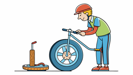 Poster - In the second illustration a person is using a bicycle pump to inflate a tire. As they push down on the handle the air inside the pump is compressed. Cartoon Vector.