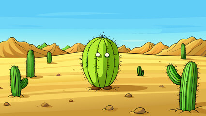 Poster - In the middle of the vast desert a lonely cactus stands tall and proud its round plump body covered in sharp needles as a form of protection.. Cartoon Vector.