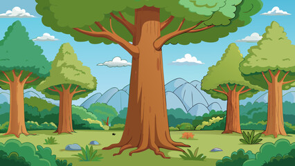 Poster - In the middle of a peaceful forest the central tree stands tall and majestic its strong trunk and outstretched branches providing shelter and. Cartoon Vector.