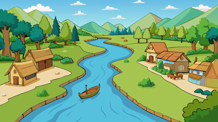 Aufkleber - In the distance you can see a small crystalclear river winding through the village surrounded by lush green trees and bushes. Villagers can often be. Cartoon Vector.
