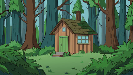 Poster - In the midst of a dense forest a cabin stands alone. Its exterior is weathered and overgrown with vines yet the light streaming from its windows. Cartoon Vector.