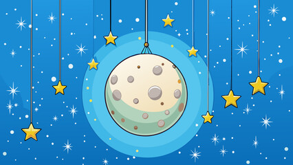 Poster - Later is when the moon rises hanging in the sky like a bright shining pearl. The stars join in creating a sparkling blanket of constellations. Cartoon Vector.