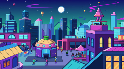 Poster - Later is when the busy city slows down and the hustle and bustle comes to a halt. The neon lights of buildings and billboards start to flicker on. Cartoon Vector.