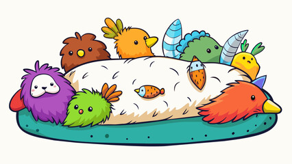 Poster - Let is a soft fluffy pillow with a colorful cover featuring different animals. It is filled with feathers and has a smooth texture. It provides a. Cartoon Vector.