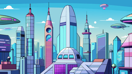 Sticker - Level 5 A futuristic cityscape with towering skyscrs and sleek flying cars zooming overhead. Neon lights and holographic displays illuminate the. Cartoon Vector.