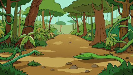 Aufkleber - Level 7 A dense jungle with thick vegetation and towering trees. The ground is muddy and difficult to navigate and there are vines and roots snaking. Cartoon Vector.