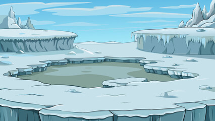 Poster - Level 9 A frozen tundra with white snow stretching as far as the eye can see. Ice formations jut out of the ground and the sky is a pale gray giving. Cartoon Vector.