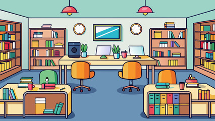Aufkleber - Library A quiet and cozy room filled with bookshelves and reading nooks. The shelves are organized by genre and labeled with colorful stickers. There. Cartoon Vector.