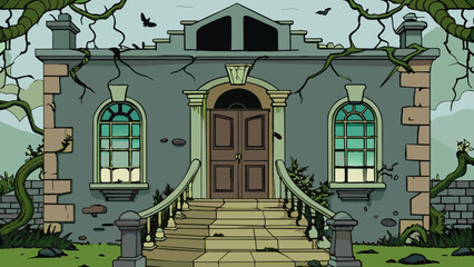 Poster - Level 3 A creepy abandoned mansion with broken windows and overgrown vines creeping up the walls. The front door is rusted and creaks ominously in the. Cartoon Vector.