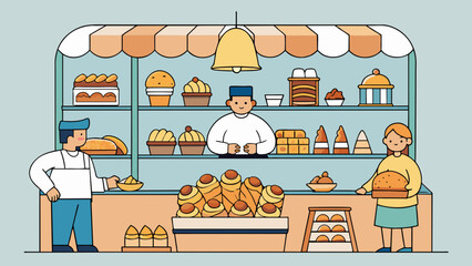 Fototapete - Local bakery The scent of freshlybaked pastries and bread wafts through the air as you step into this quaint bakery. The display case is filled with. Cartoon Vector.