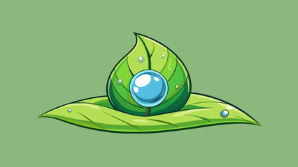Poster - Minute A droplet of water on a leaf shimmering in the morning dew. Its spherical shape reflects the greenery and captures the light creating a. Cartoon Vector.