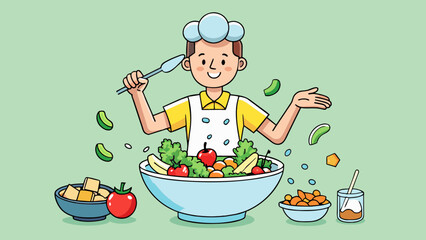 Fototapete - Making a Salad Cut various fresh vegetables and fruits into small uniform pieces and toss them with crisp lettuce leaves in a large glass bowl. Cartoon Vector.