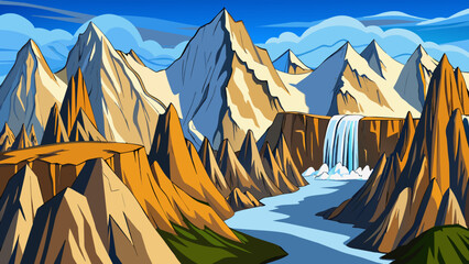 Aufkleber - Majestic Mountains A majestic mountain range covered in snow and rising into the clouds. The peaks are sharp and angular casting dramatic shadows on. Cartoon Vector.