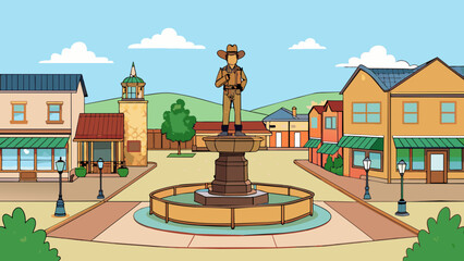 Poster - Nestled in the heart of the county a small town square boasts a towering bronze statue of a cowboy on horseback surrounded by benches and a bubbling. Cartoon Vector.