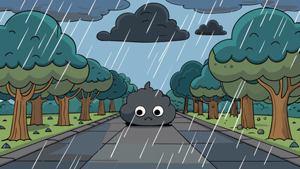 Aufkleber - Monsoon Dark heavy clouds loom overhead threatening to burst with rain at any moment. The wind howls and shakes the branches of trees. Puddles form on. Cartoon Vector.