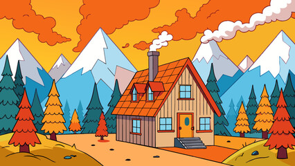 Poster - Nestled a the towering mountains the secluded cabin radiated a sense of peace and serenity. During the autumn months the surrounding trees were ablaze. Cartoon Vector.