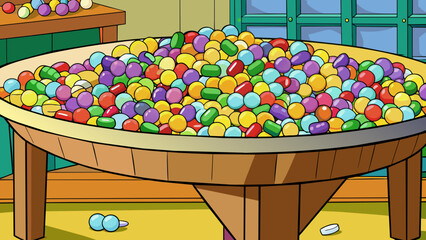 Poster - Much refers to a large quantity or amount of soing. Imagine a table overflowing with colorful candies that is much candy.. Cartoon Vector.