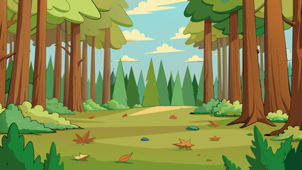 Fototapete - North Imagine a dense forest with towering evergreen trees reaching up towards the sky. The air is crisp and cool and the ground is covered in a thick. Cartoon Vector.