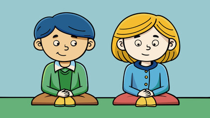 Poster - Nodding in unison Two people sitting across from each other both nodding their heads up and down at the same time. This nonverbal cue signifies that. Cartoon Vector.