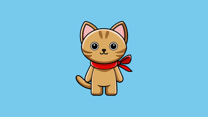 Poster - On the shelf sat a little wooden figurine of a cat with curved whiskers and a bright red ribbon tied around its neck. Its eyes were painted black and. Cartoon Vector.
