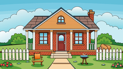 Poster - One build is a traditional brick house with a white picket fence. It has a front porch with a swing and flower beds lining the walkway. The interior. Cartoon Vector.