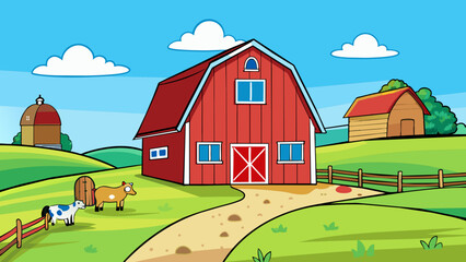 Fototapete - On the outskirts of a small rural village a quaint farmhouse stands tall against the rolling hills. The wooden exterior is weathered and worn but the. Cartoon Vector.