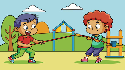 Aufkleber - On the playground two children engaged in a fierce game of tugofwar over a toy. Their small hands grasped tightly onto opposite ends their. Cartoon Vector.