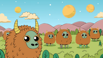 Poster - On the plains of a faroff planet a herd of creatures graze on the sp vegetation. These furry fourlegged species have horns that curl gracefully. Cartoon Vector.