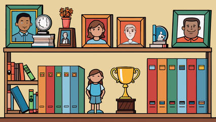 Fototapete - On the living room bookshelf a collection of sports trophies and family photos sit alongside his wellloved copy of To Kill a Mockingbird its spine. Cartoon Vector.