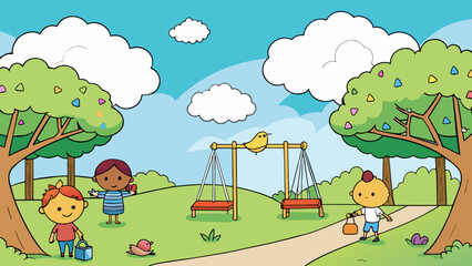 Poster - On the third day a blanket of fluffy white clouds covered the sky casting a soft light over the peaceful park. Children played on the swings and birds. Cartoon Vector.