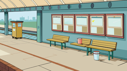 Aufkleber - On the train platform before the rush hour began the benches were empty except for a few tered newspapers and coffee cups left behind by the early. Cartoon Vector.