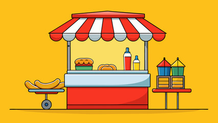 Poster - On the busy street corner there is a hotdog stand with a bright yellow umbrella and a red and white striped awning. The vendor is busy grilling. Cartoon Vector.