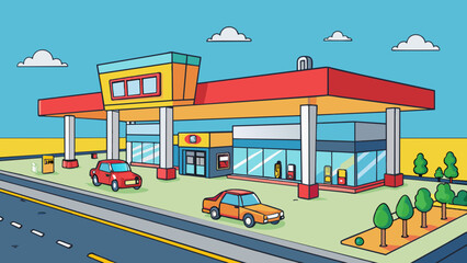 Wall Mural - Our next stop is a gas station on the side of a busy highway. The main building is a large rectangular structure with bright lights and a large sign. Cartoon Vector.