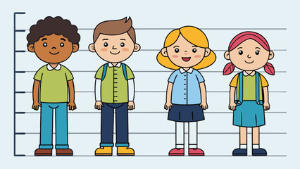 Fototapete - Picture a group of students lined up in height order. The mean height would be represented by the student in the exact middle with an equal number of. Cartoon Vector.
