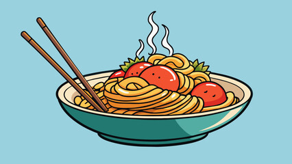 Poster - plate of steaming hot noodles with a pair of chopsticks balanced on top. The noodles are long and thin coated in a savory sauce and mixed with. Cartoon Vector.