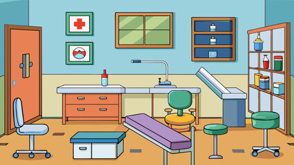 Poster - Provision of healthcare A clean and welllit medical room with a comfortable examination table sterilized medical equipment and a sink for proper. Cartoon Vector.