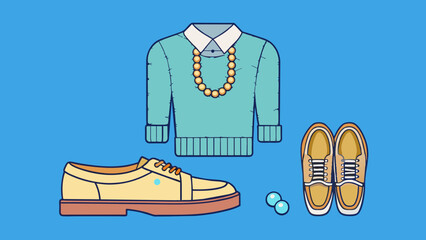 Fototapete - Preppy A preppy style exudes sophistication and polished elegance. Objects include a cable knit sweater a pair of boat shoes and a pearl necklace.. Cartoon Vector.