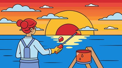 Wall Mural - Returning to her painting after a short break the artist carefully dipped her brush into the vibrant red paint and began to add the final touches to. Cartoon Vector.