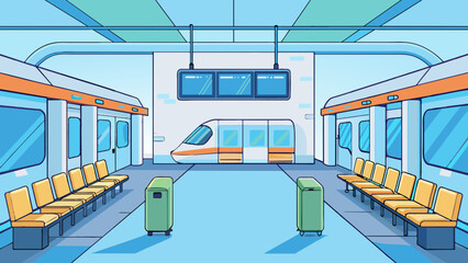 Poster - Provision of transportation A modern train station with a spacious waiting area ticket counters and electronic boards displaying train schedules. The. Cartoon Vector.