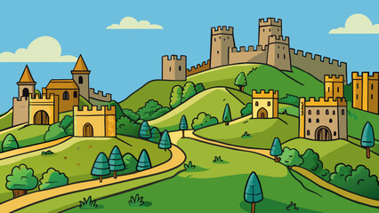 Aufkleber - Rolling green hills dotted with ancient stone castles each with its own unique architecture and history.. Cartoon Vector.