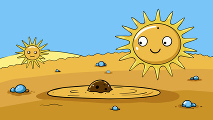 Poster - Puddle As the sun shone down the puddle reduced in size until it completely evaporated leaving behind a dry spot on the ground.. Cartoon Vector.