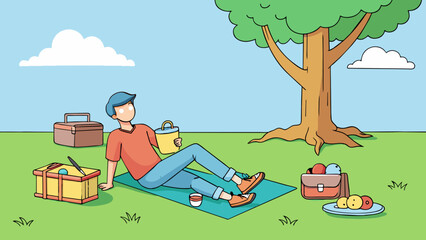 Poster - Relaxing in a park A person sits on a colorful picnic blanket spread out on the grass. They lean back against a large tree and prop their feet up on a. Cartoon Vector.